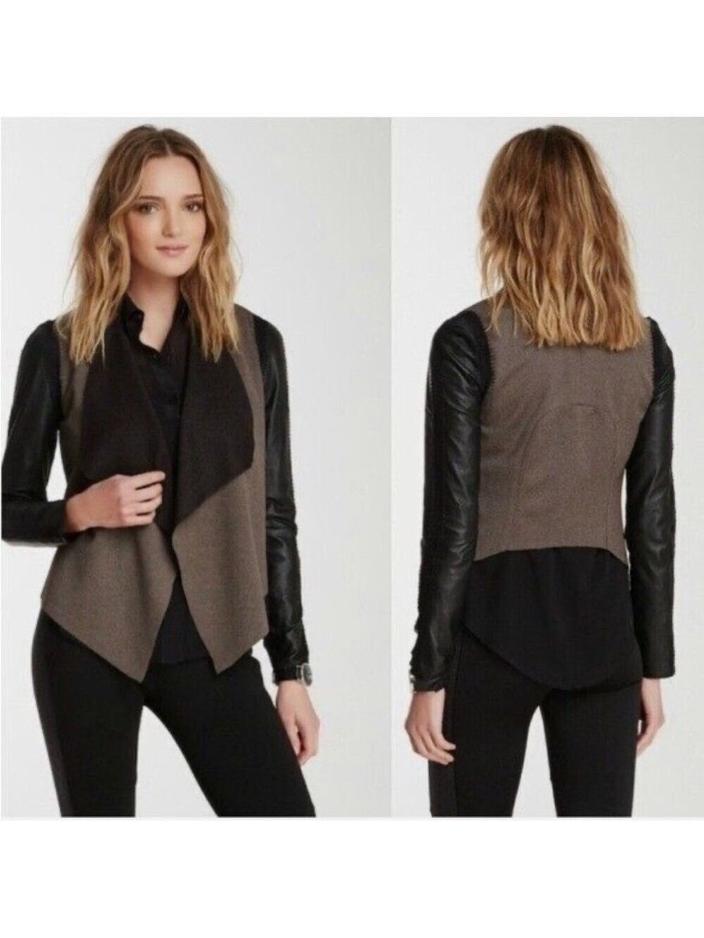 Stella & Jamie Women’s Rio Ponte Crotchet Leather Sleeve Waterfall Jacket M